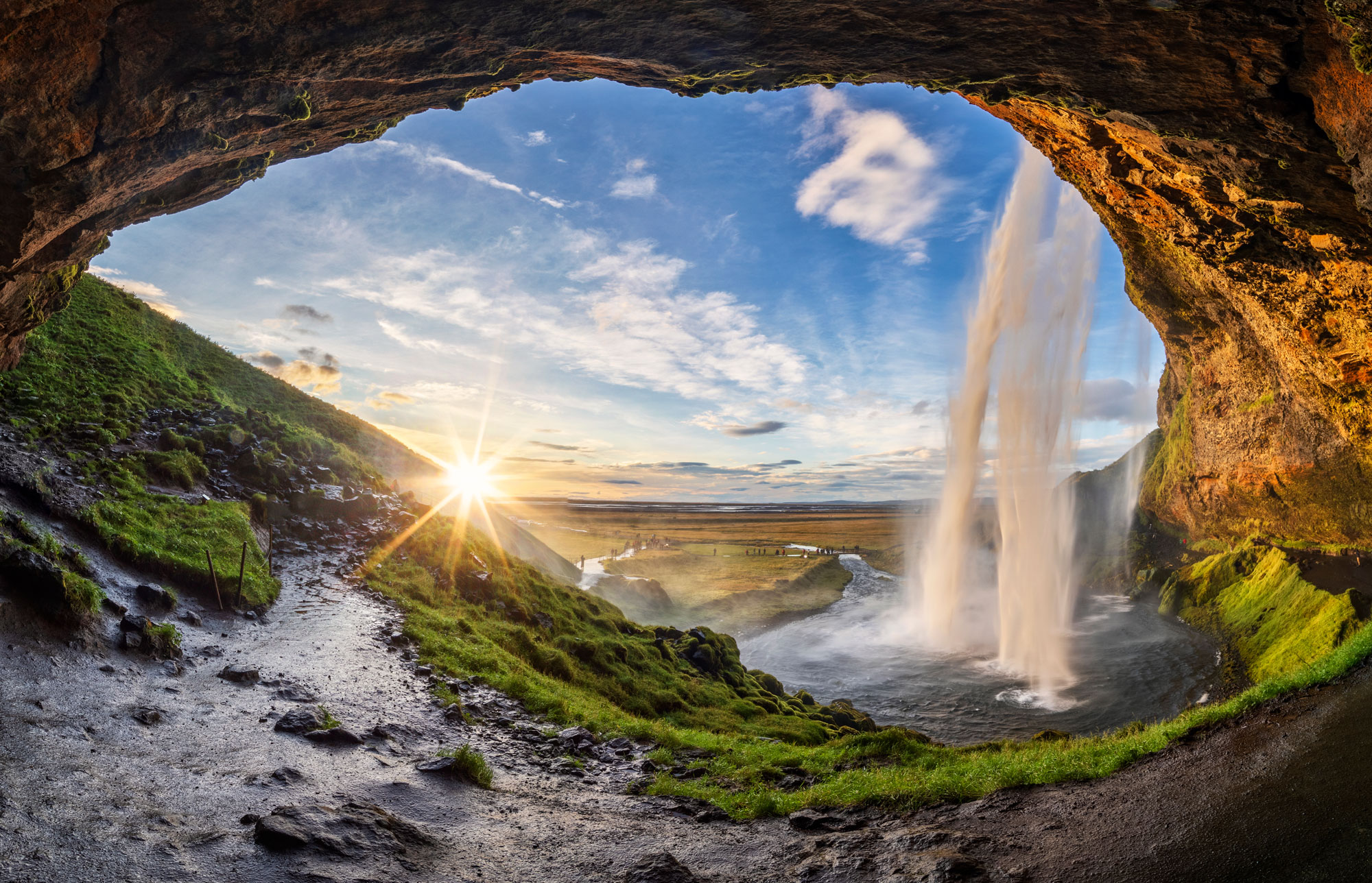 Seljalandfoss waterfall in summer time at sunset, Iceland