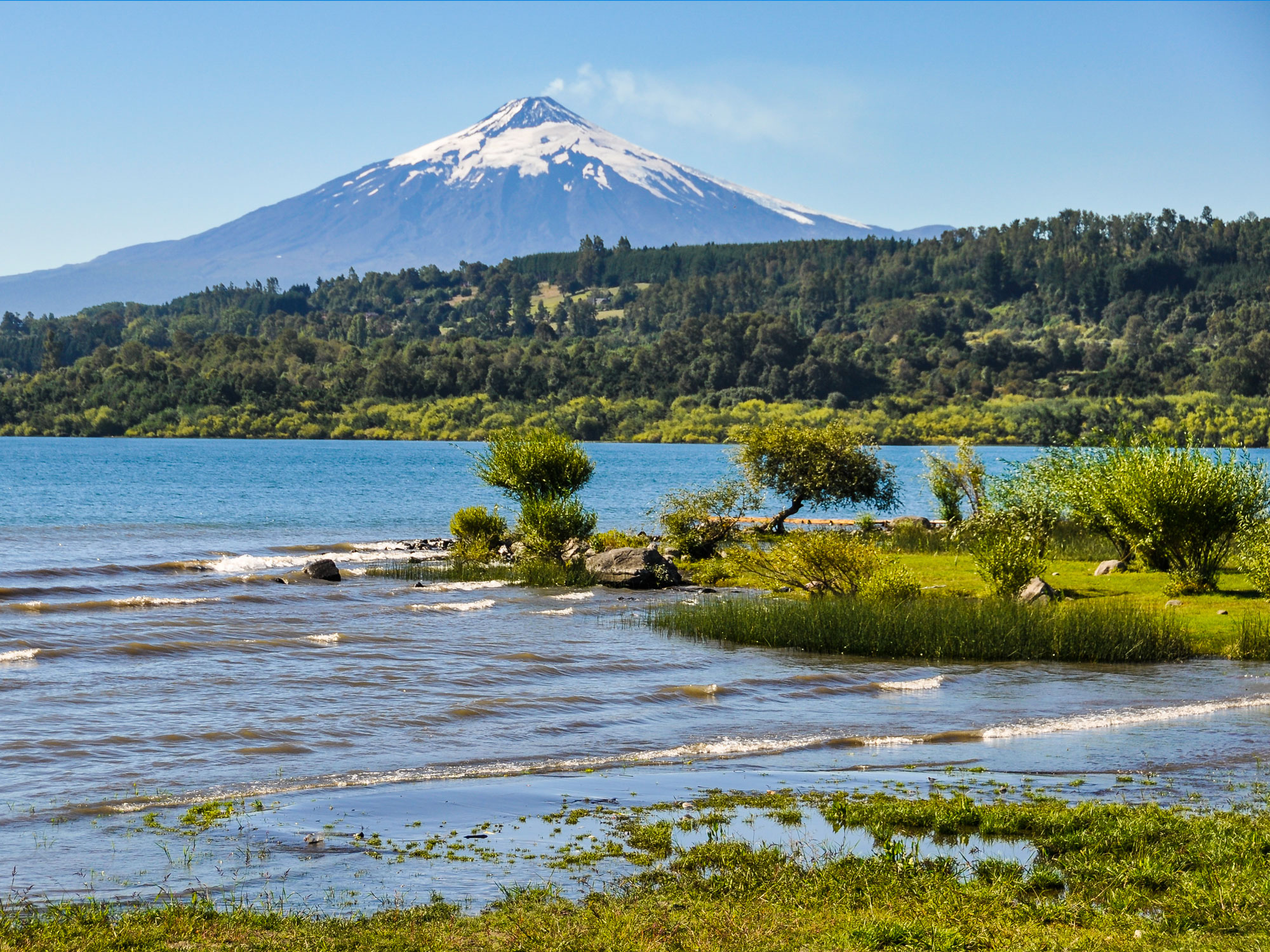 View of the smoking Villarrica Volcano, Villarrica, Chile