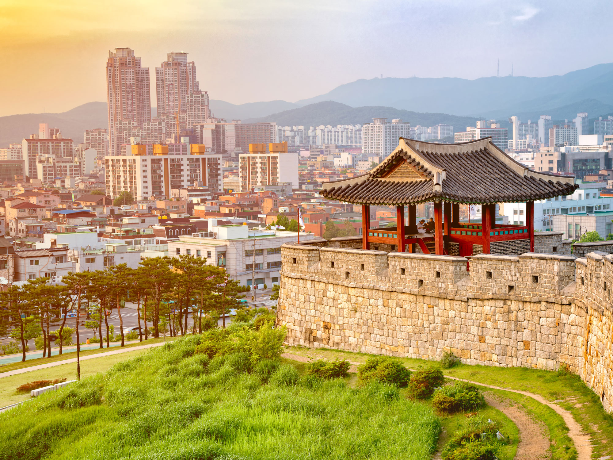 Sunset of Hwaseong fortress is a Joseon Dynasty that surrounds the centre of Suwon City,South Korea