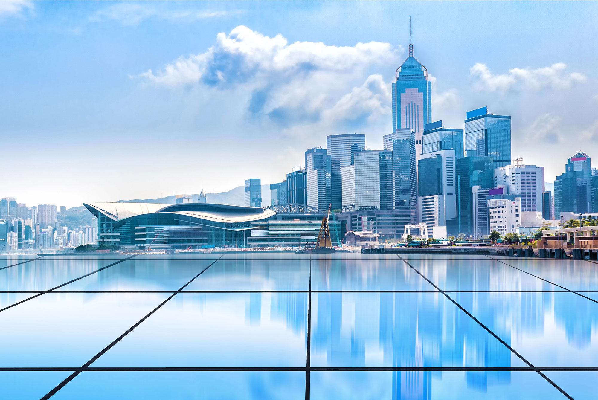 Hong Kong Victoria Harbour building group and abstract glass floor