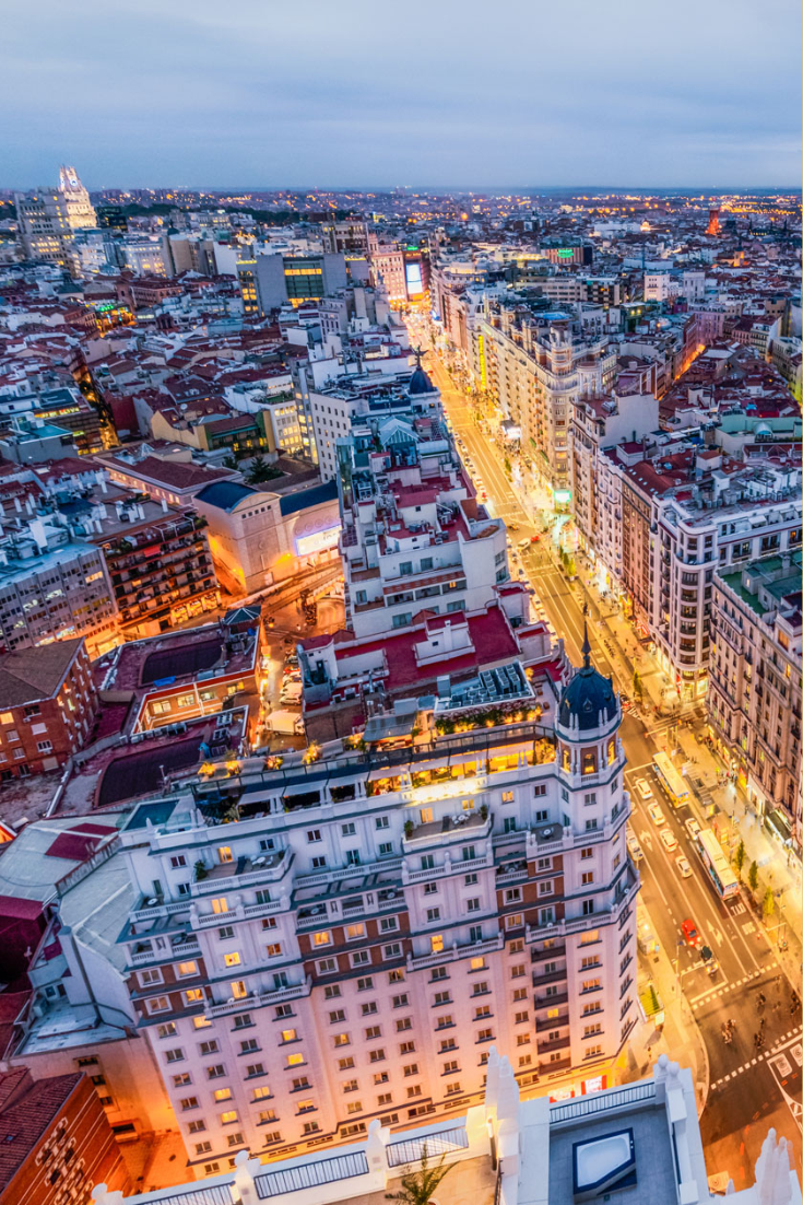 Panoramic aerial view of downtown Madrid at sunset
