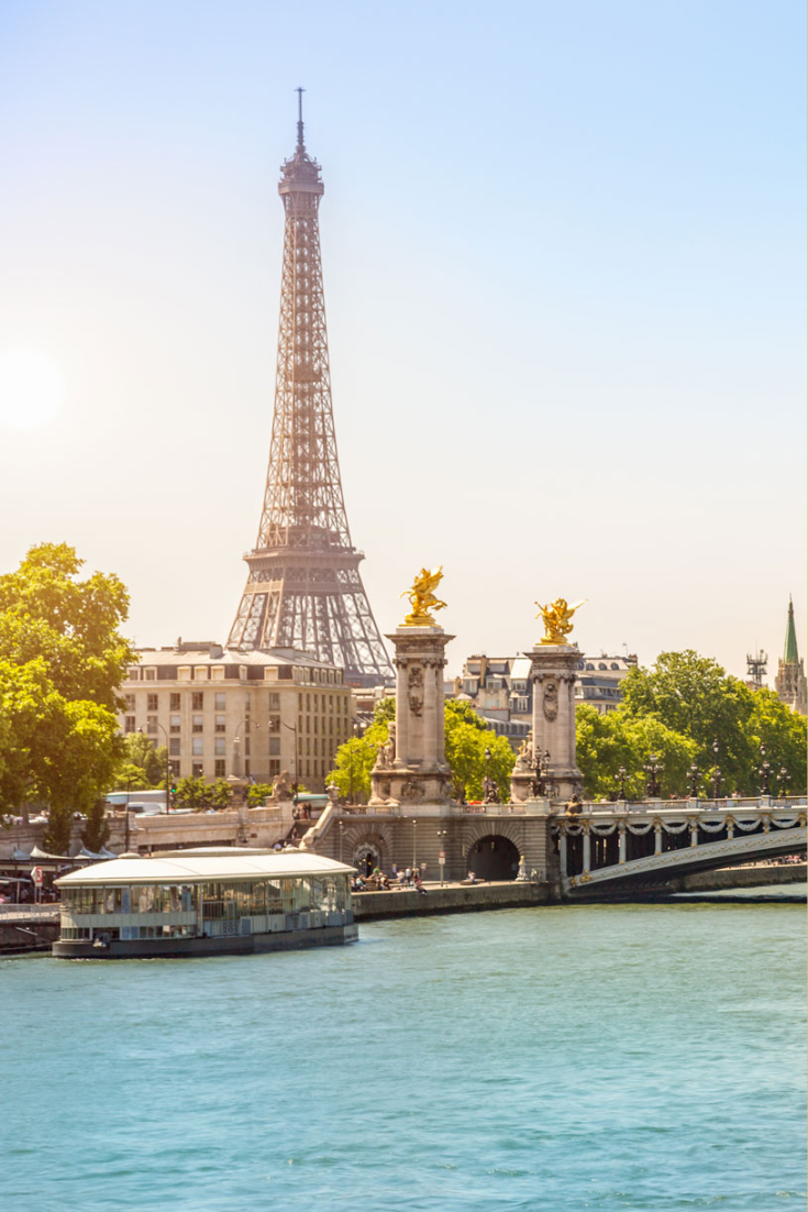 Eiffel Tower and Bridge Alexandre III over Seine River, Paris