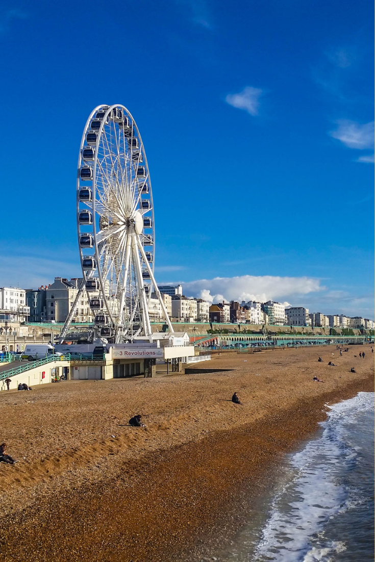 panoramic view of Brighton beachfront with ferris wheel.