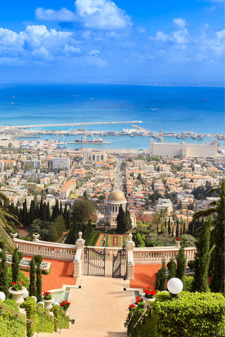 Sunny view overlooking of Haifa city and blue sea, Israel.