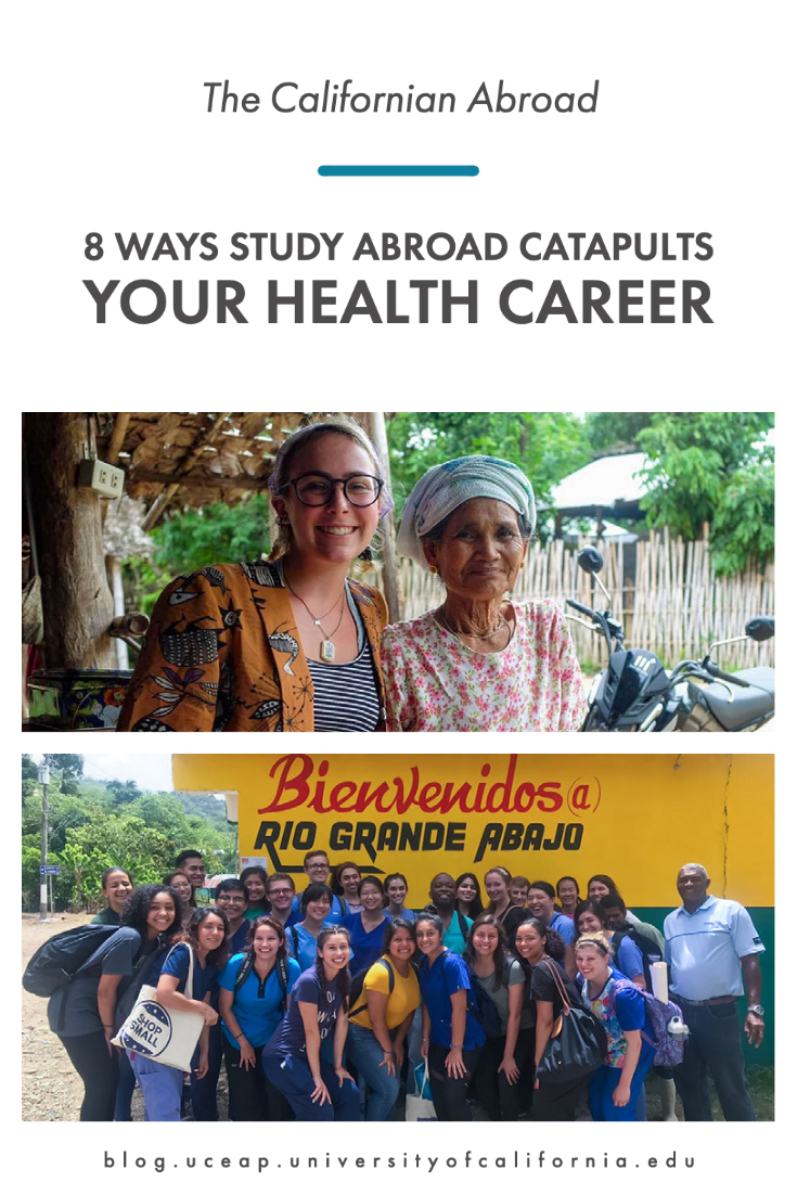 Title reads 8 ways study abroad catapults your health career with two photos. Photo one shows Young person and older person smiling, sitting on steps of rural hut and photo two shows a Large group of smiling students gathered in front of yellow building