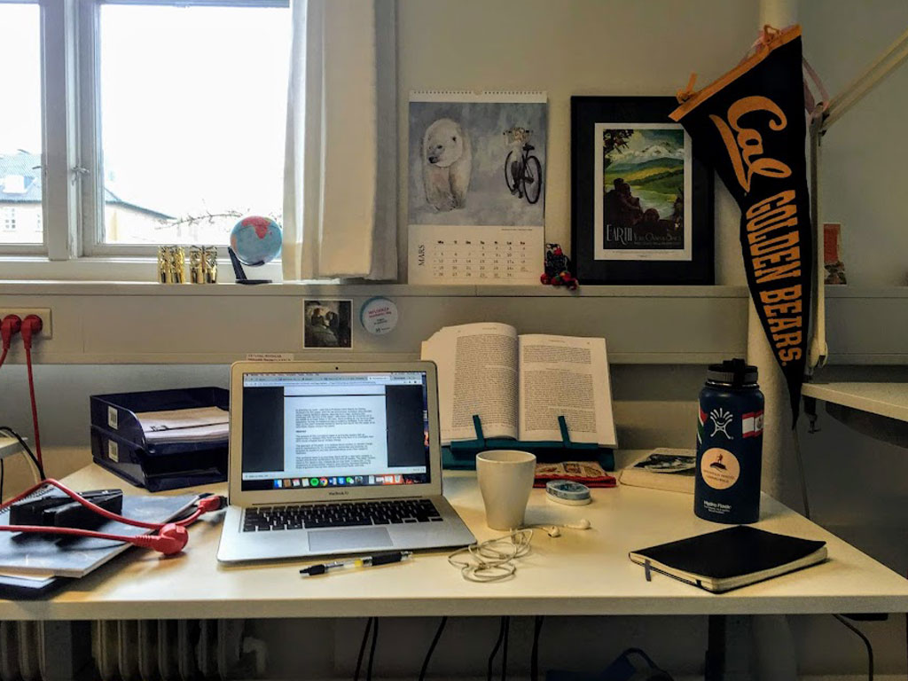 Sierra's desk with a computer, papers, and decorations near a window in Copenhagen Denmark. 