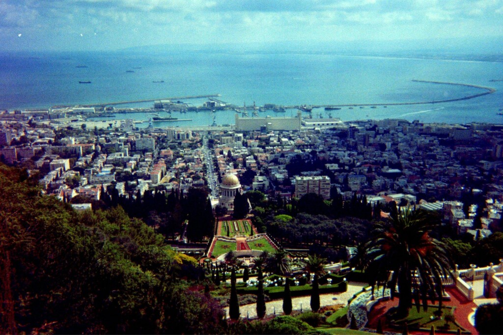 View from above the Baháʼí Terraces, or the Hanging Gardens of Haifa, in Israel.