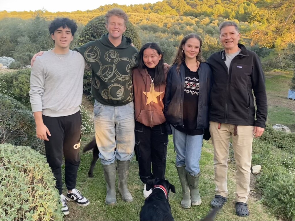 Tom Seale and visiting students at the Olive Harvest.