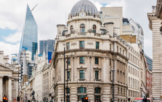 Busy city scene in London finance district.