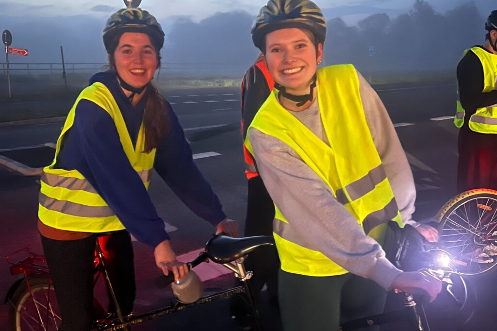 Stella Keval (UC Berkeley, on right) on tandem bike race in Lund Sweden