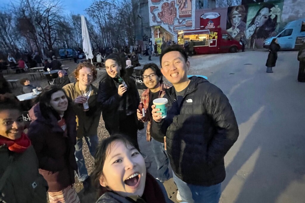 Sarah Zhang (UCB) in Berlin, Germany square in winter with friends
