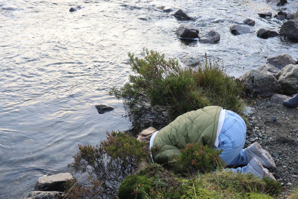 Sadie dipping her face in the water of Sligachan river