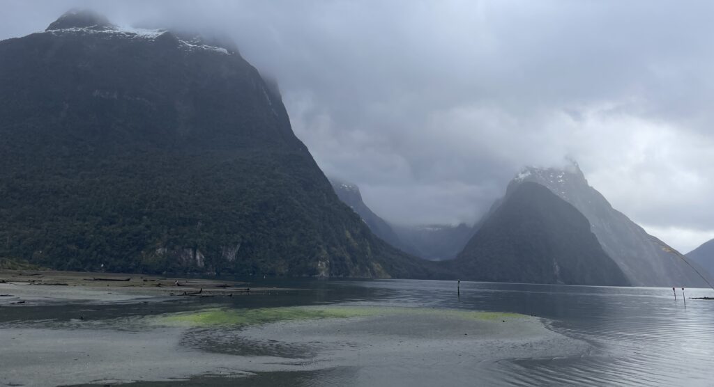 New Zealand landscape with mountains and ocean
