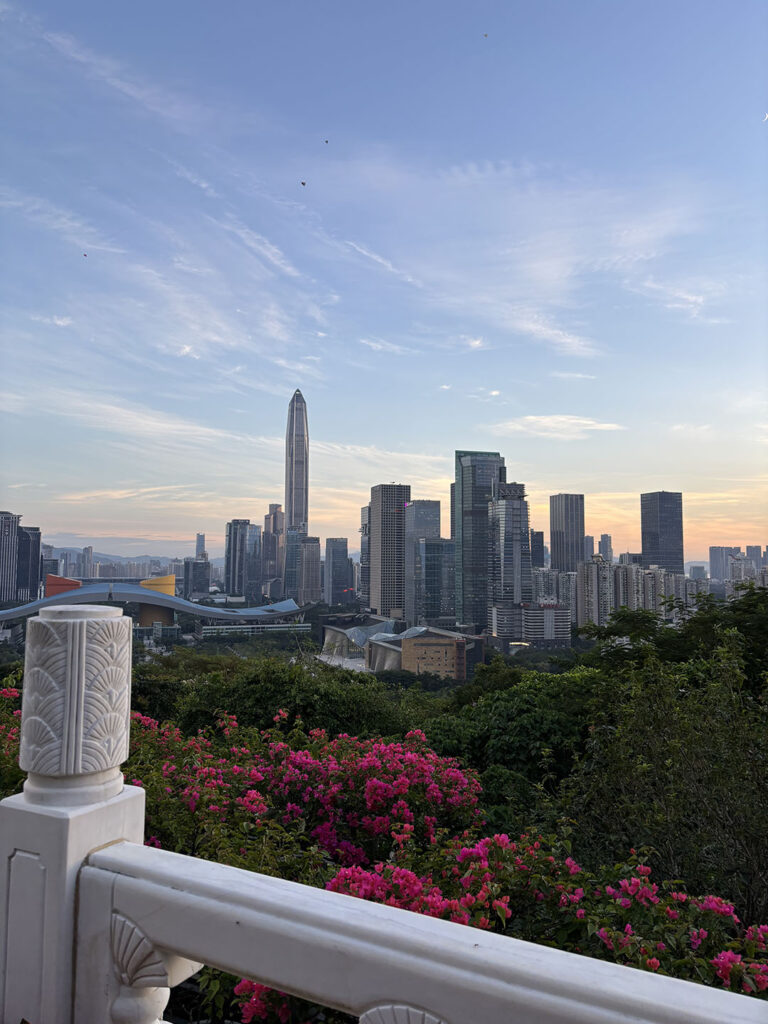 Skyline view of a modern city at sunrise, featuring tall skyscrapers and a dominant pointy building. Foreground includes vibrant pink flowers and foliage.