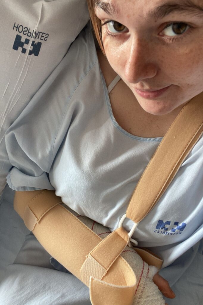 Lila Franco (UCSC) in hospital with a broken wrist abroad