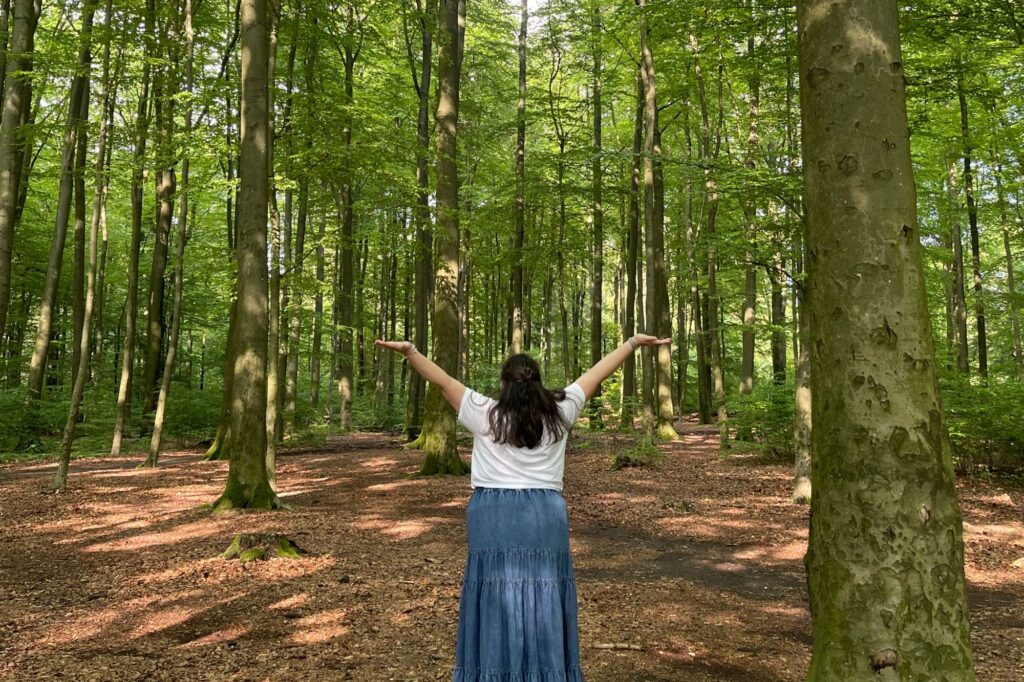 Amber Rivera-Munoz (UCLA) in a Netherlands forest of trees